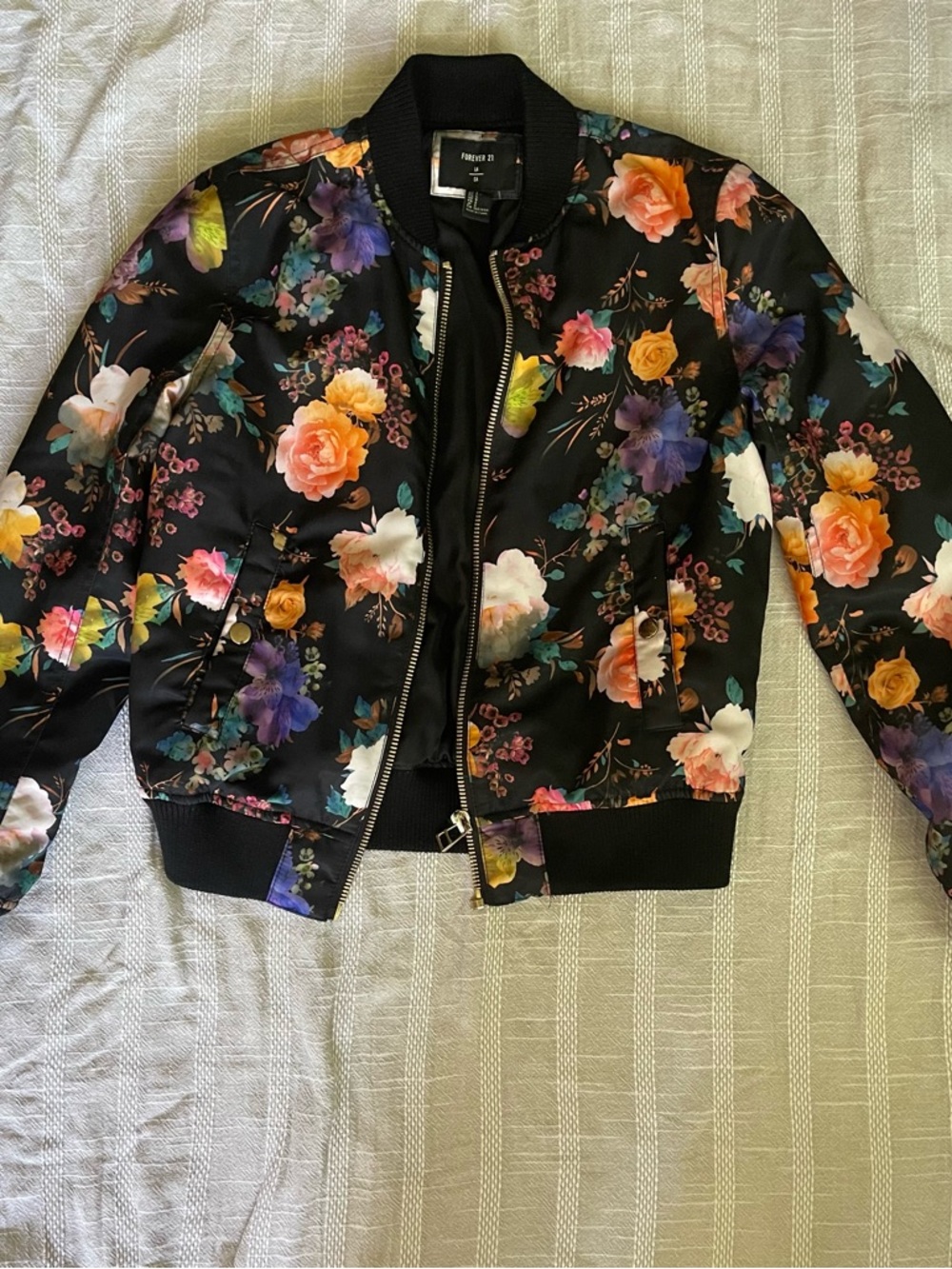 Forever 21 Black Floral Bomber Jacket with Multicolor Flowers